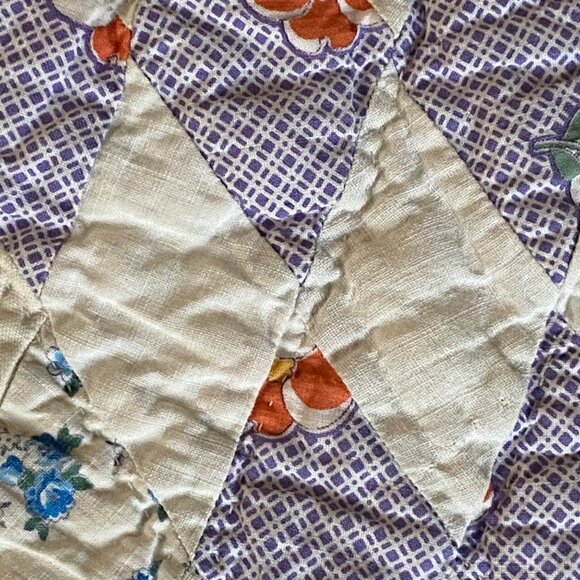 Hand Stitched Vintage Diamond Patchwork Quilt Blanket Pastels Floral 84" X 72" - Picture 8 of 11